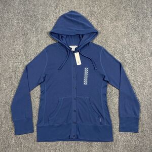 Nautica Waffle Knit Button Up Sweatshirt Hoodie Womens Large L Blue Lightweight